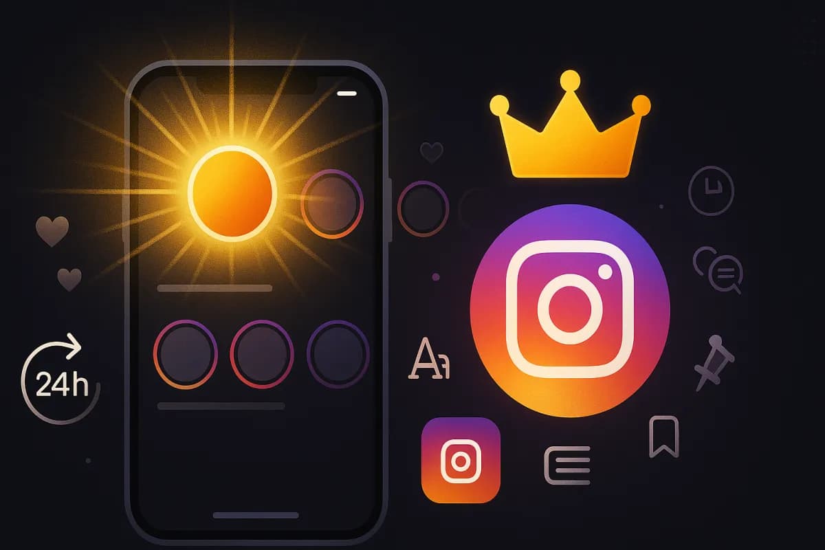 Assinatura Instagram Plus 3,99 $/mês lançada a 4 de junho de 2026 — story spotlight com aura premium dourada, story 48h, rewatch insights, vista anónima, design editorial dark com gradiente Instagram e acentos dourados premium