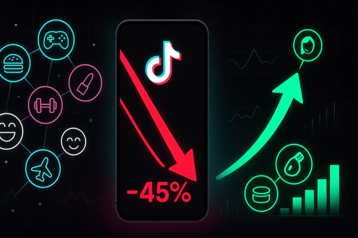 TikTok penalidade cross-nicho -45%: visualização da queda de alcance para contas multi-tema vs crescimento das contas mono-nicho, paleta TikTok preto/ciano/magenta com acentos vermelho alerta e verde crescimento