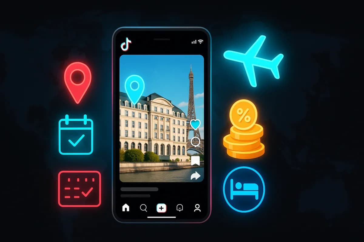 TikTok GO programa de afiliação de viagens 2026 — Reel TikTok com tags de hotéis, bilhetes, atividades e comissões Booking/Expedia/Viator/GetYourGuide, paleta preto/ciano/magenta com acentos dourados para a monetização