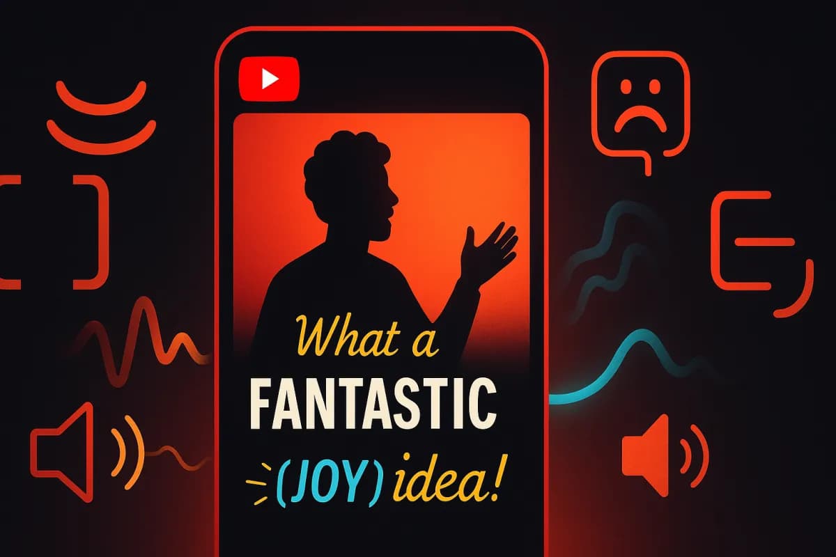 YouTube Expressive Captions IA — legendas emocionais com tags [joy] [sadness] [sarcasm], maiúsculas para os gritos, alongamentos para a ênfase, anotações soundscape, design editorial dark com acentos vermelhos YouTube e ciano/amarelo IA
