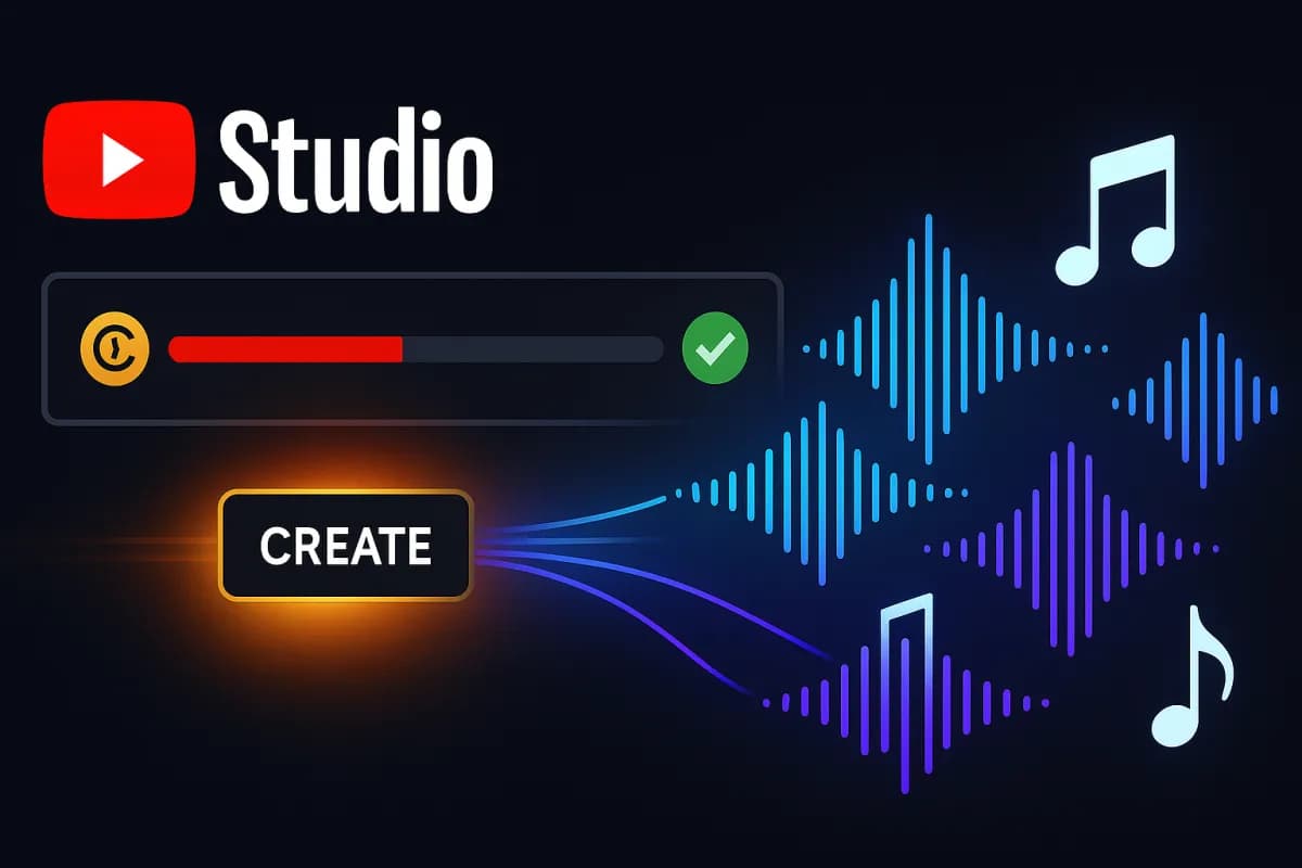 YouTube Replace Song com IA — botão Create no YouTube Studio a gerar 4 instrumentais royalty-free para resolver um Content ID claim, design editorial escuro com acentos vermelhos YouTube e ciano/violeta IA